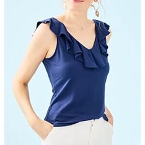 Lilly Pulitzer Alessa Ruffle Flounce Top Navy Blue Small jersey knit pima modal